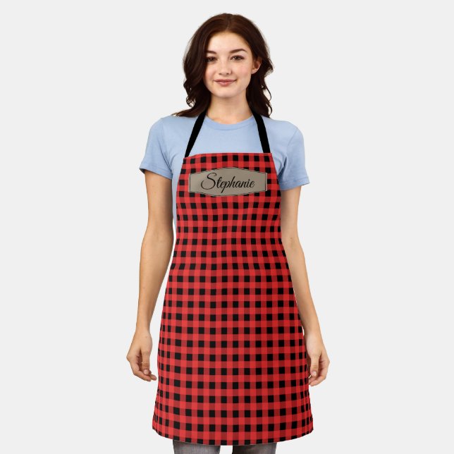 Retro Red and Black Buffalo Plaid Pattern   Apron (Worn)