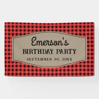 Retro Red and Black Buffalo Plaid Pattern Birthday Banner