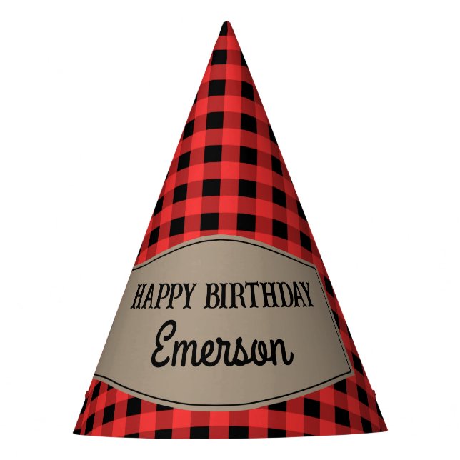 Retro Red and Black Buffalo Plaid Pattern Birthday Party Hat (Front)