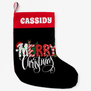 Retro red and black merry christmas small christmas stocking