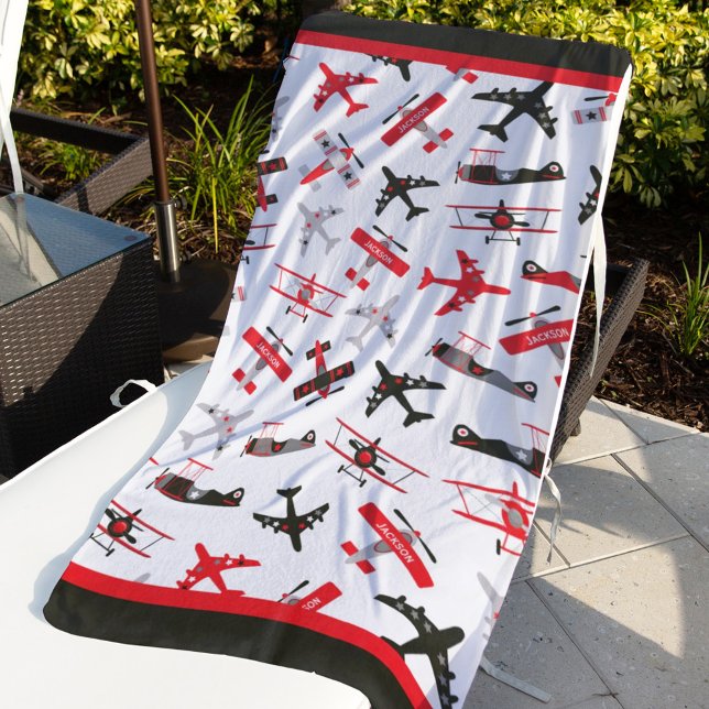 Retro Red and Black WWII Military Aeroplane Patter Beach Towel (Creator Uploaded)
