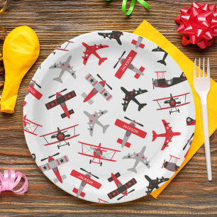 Retro Red and Black WWII Military Aeroplane Patter Paper Plate