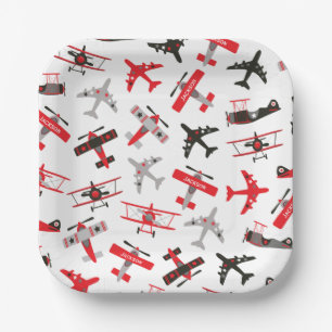 Retro Red and Black WWII Military Airplane Pattern Paper Plate