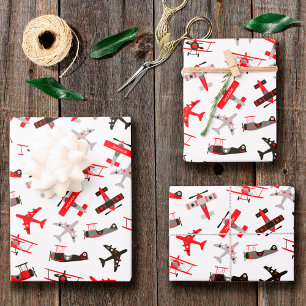 Retro Red and Black WWII Military Airplane Pattern Wrapping Paper Sheet