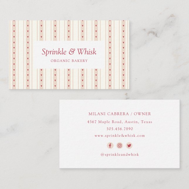 Retro Red And Cream Heart Stripes Bakery Business Card (Front/Back)