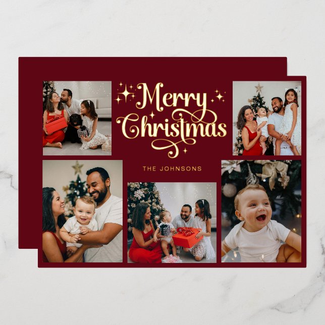 Retro Red and Gold Merry Christmas Family Photo (Front/Back)