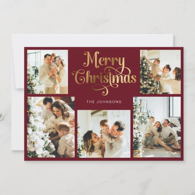Retro Red and Gold Merry Christmas Family Photo Holiday Card (Front)