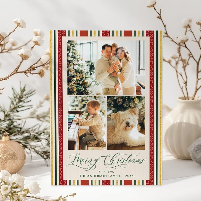 Retro Red and Gold Stripes Merry Christmas 3 Photo Holiday Card (Creator Uploaded)