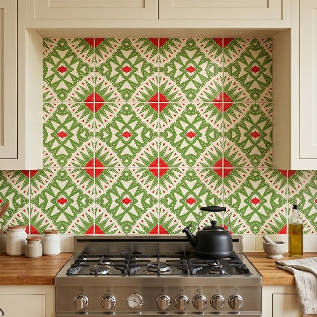 Retro Red and Green Bohemian Geometric Mosaic Tile (Creator Uploaded)