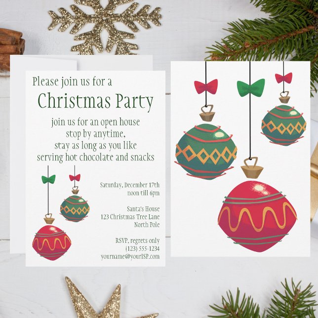 Retro Red and Green Christmas Ornaments Invitation (Creator Uploaded)