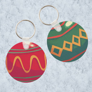 Retro Red and Green Christmas Ornaments Key Ring