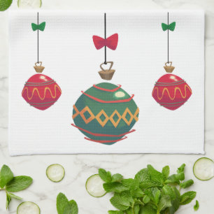 Retro Red and Green Christmas Ornaments Tea Towel