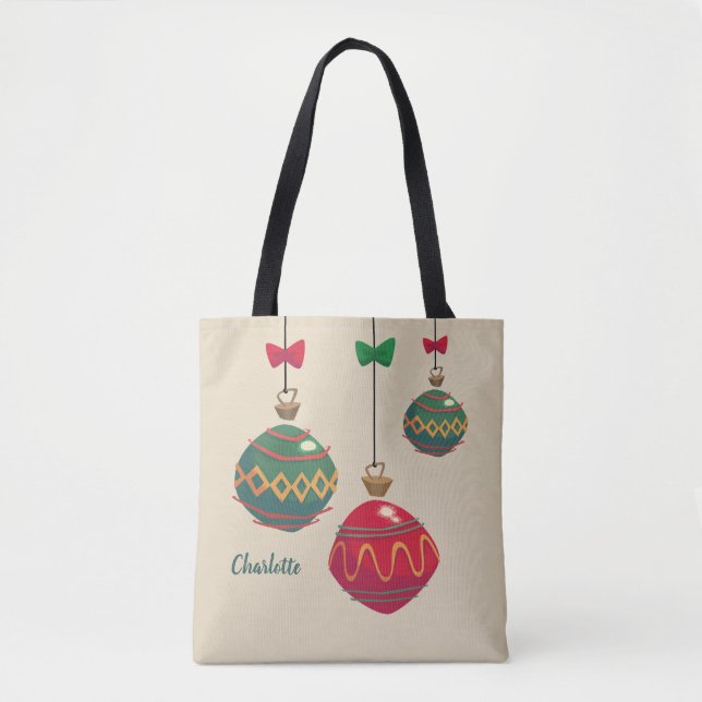 Retro Red and Green Christmas Ornaments Tote Bag (Front)