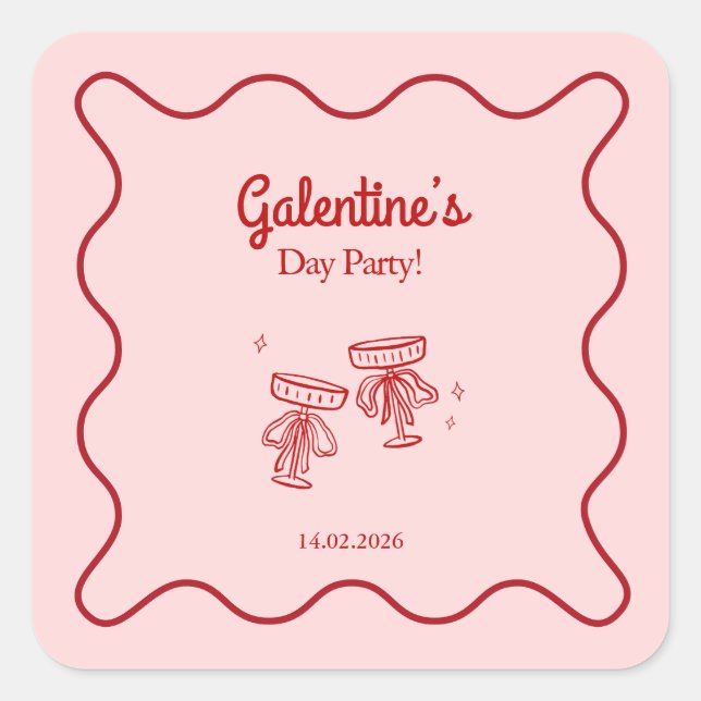 Retro Red and Pink Galentines Party Square Sticker (Front)