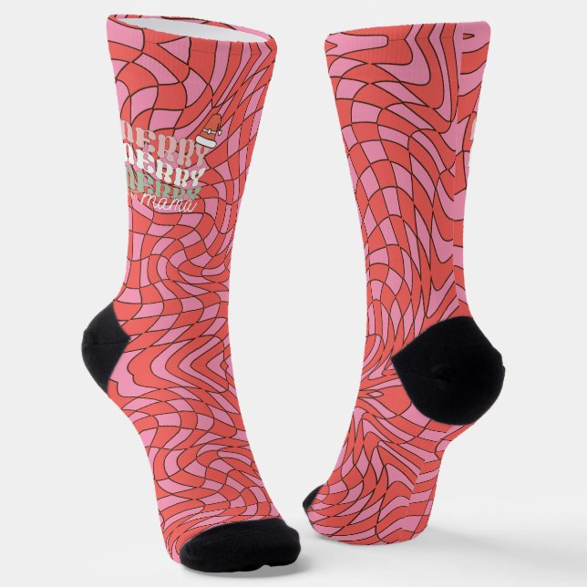 Retro Red and Pink Swirl | Merry Mama Christmas  Socks (Angled)