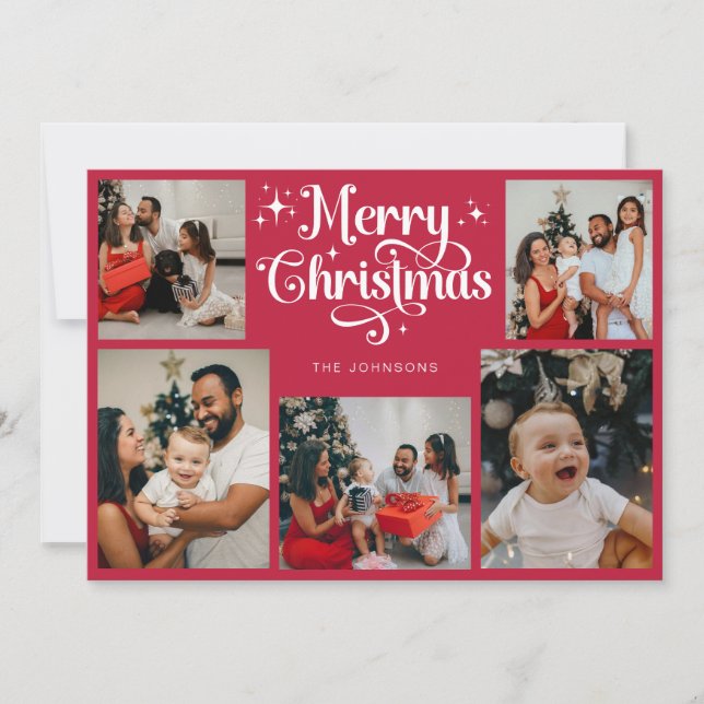 Retro Red and White Merry Christmas Family Photo Holiday Card (Front)
