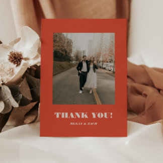 Retro Red & Beige Bold Typography Wedding Photo Thank You Card