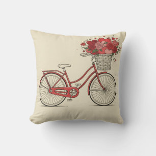 Retro Red Bicycle with Roses and Hearts Floral Art Cushion