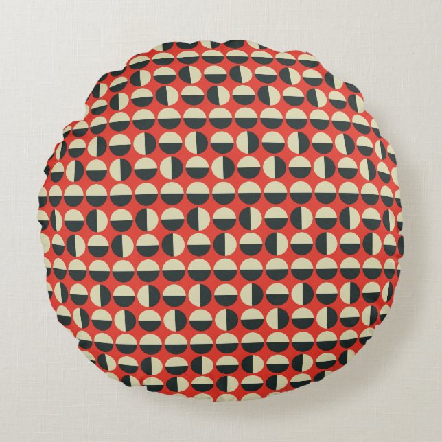 Retro Red Black Beige Sixties Polka Dot Pattern Round Cushion (Front)