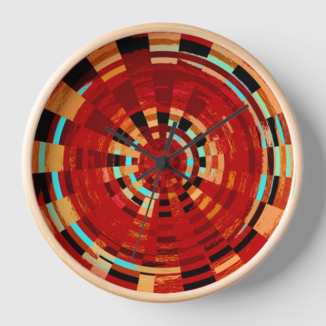 Retro Red Black Blue Yellow Brown Circular Pattern Clock (Front)
