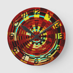 Retro Red Black Blue Yellow Brown Circular Pattern Round Clock