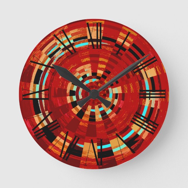 Retro Red Black Blue Yellow Brown Circular Pattern Round Clock (Front)