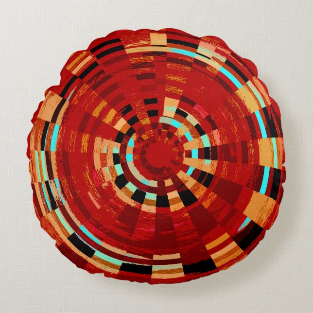 Retro Red Black Blue Yellow Brown Circular Pattern Round Cushion (Front)
