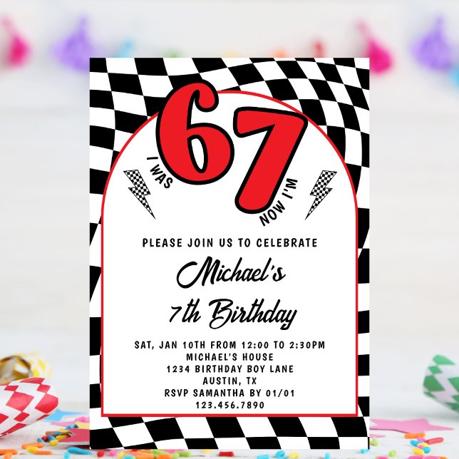 Retro Red Black Checkered 6 7 Boy 7th Birthday  Invitation (Creator Uploaded)