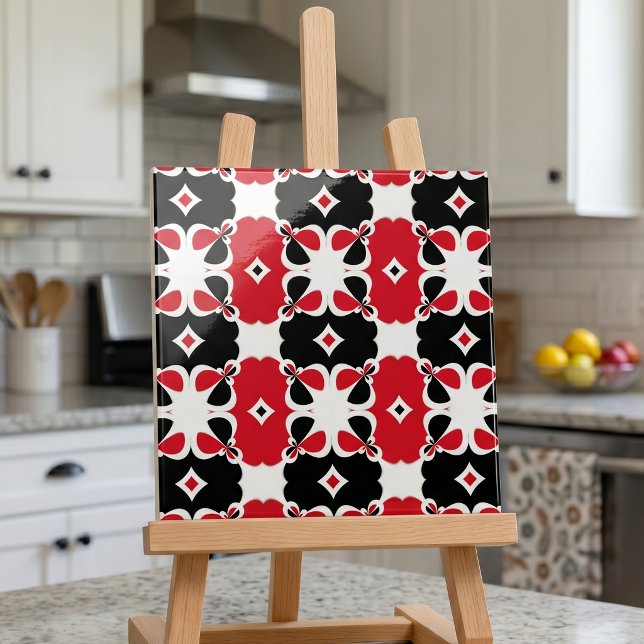 Retro Red Black White Geometric Floral Pattern Tile (Creator Uploaded)