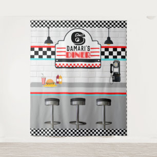 Retro Red Blue Chequerboard Diner Counter Backdrop Tapestry