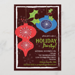 Retro Red & Blue Christmas Ornaments Holiday Party Invitation