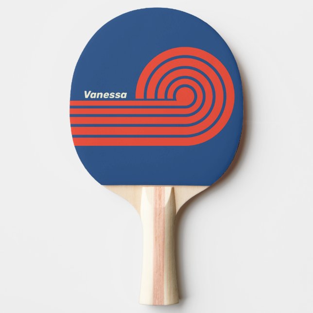 Retro Red & Blue Curl Stripes with Name Ping Pong Paddle (Front)