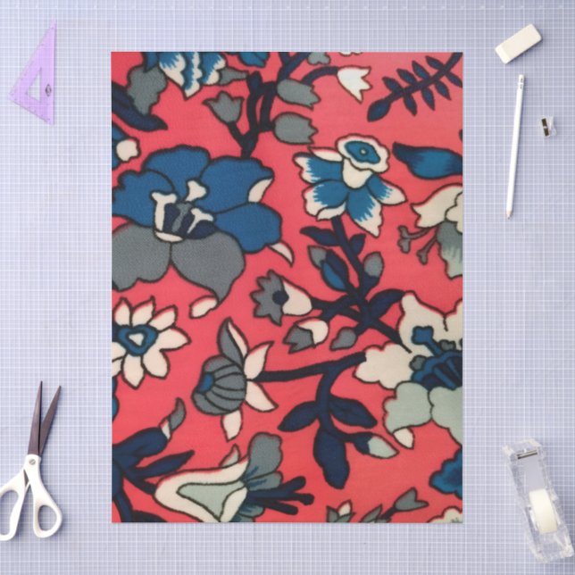 Retro Red Blue Floral Flowers Pattern Decoupage Tissue Paper (Craft)