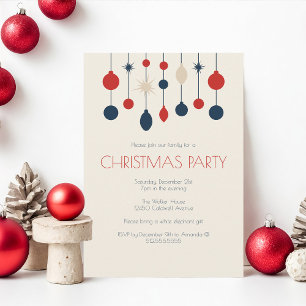 Retro Red Blue Ornaments Christmas Party Invitation