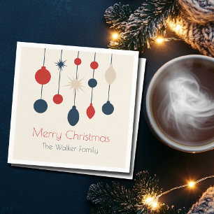 Retro Red Blue Ornaments Christmas Party Napkin
