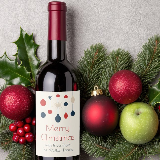 Retro Red Blue Ornaments Christmas Party Wine Label (Creator Uploaded)