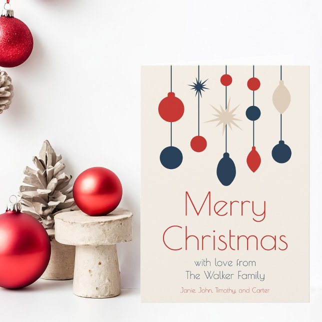 Retro Red Blue Ornaments Christmas Photo Inside Holiday Card (Creator Uploaded)