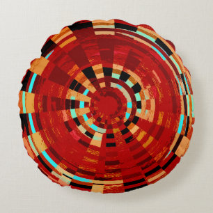 Retro Red Blue Yellow Circular Pattern Round Cushion