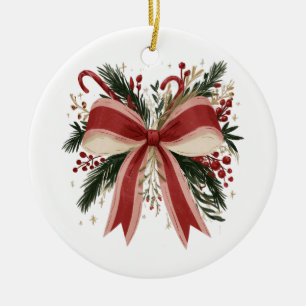 Retro Red Bow with Candy Canes and Greenery Ceramic Tree Decoration