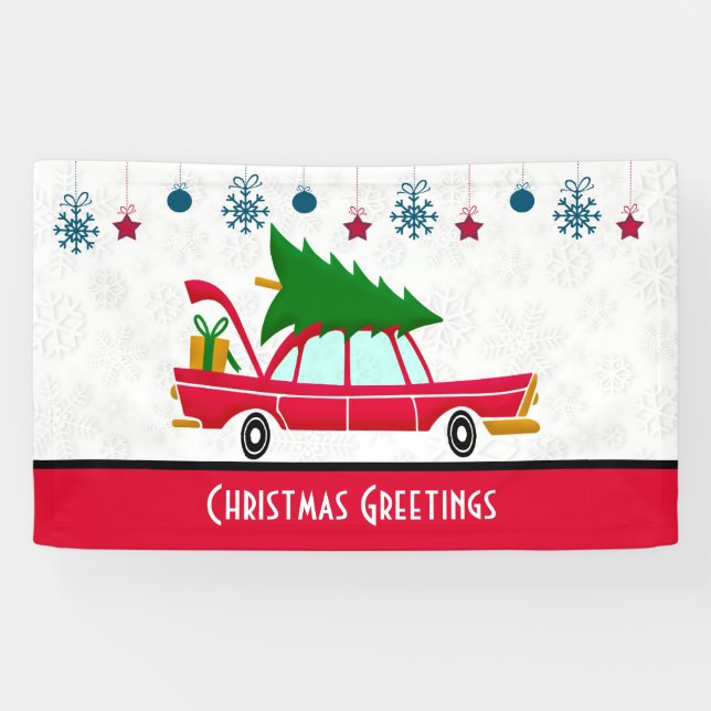 Retro Red Car Carrying a Christmas Tree Banner (Horizontal)