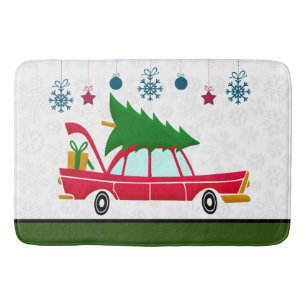 Retro Red Car Carrying a Christmas Tree Bath Mat