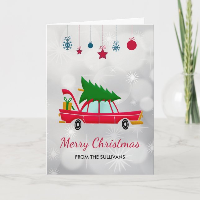 Retro Red Car Carrying a Christmas Tree Card (Front)