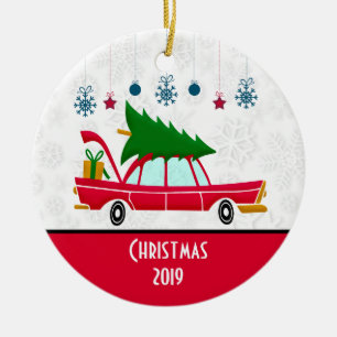 Retro Red Car Carrying a Christmas Tree Ceramic Tree Decoration