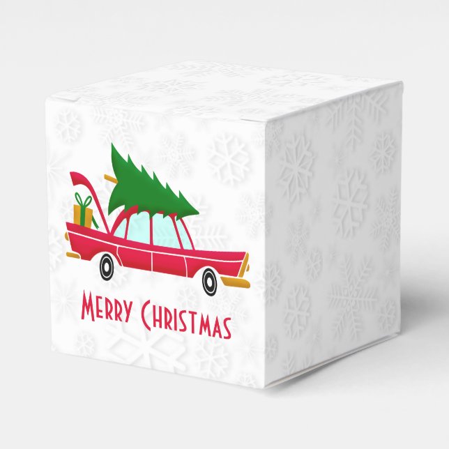 Retro Red Car Carrying a Christmas Tree Favour Box (Front Side)