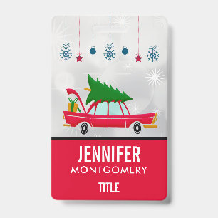 Retro Red Car Carrying a Christmas Tree ID Badge