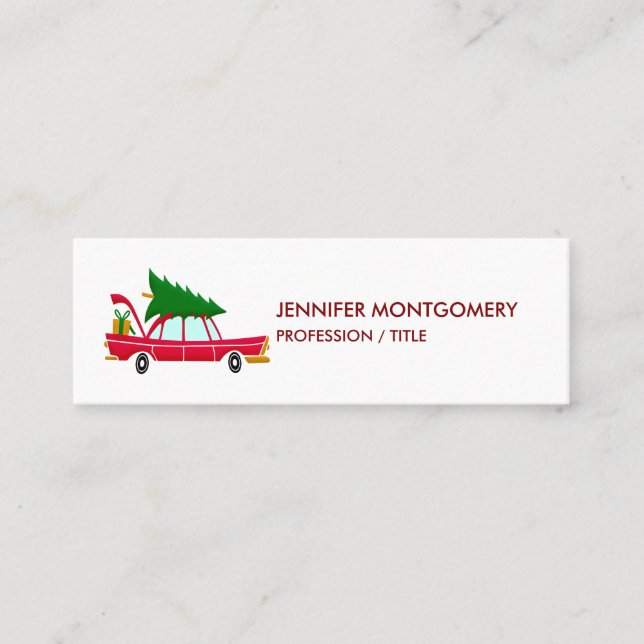 Retro Red Car Carrying a Christmas Tree Mini Business Card (Front)