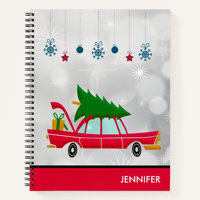 Retro Red Car Carrying a Christmas Tree Notebook (Front)