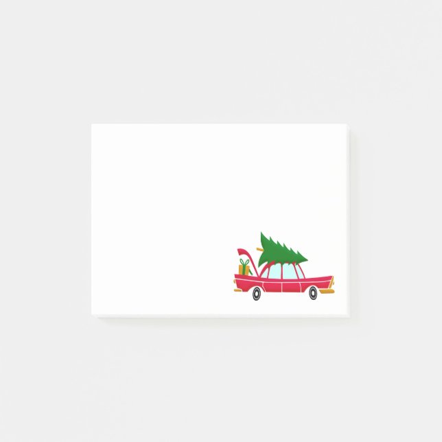 Retro Red Car Carrying a Christmas Tree Post-it Notes (Front)