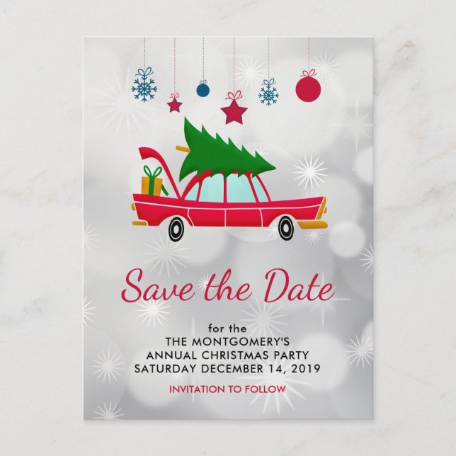 Retro Red Car & Christmas Tree Save the Date Postcard (Front)