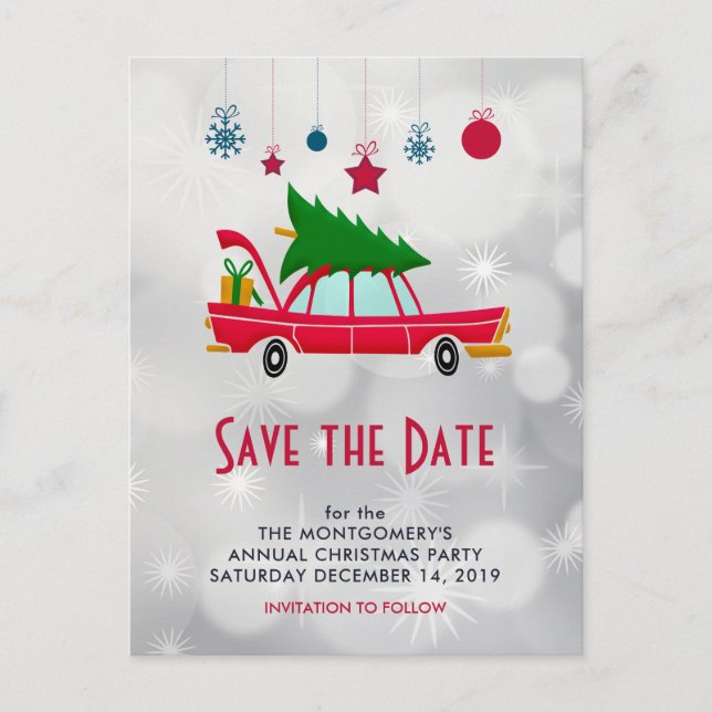 Retro Red Car & Christmas Tree Save the Date Postcard (Front)